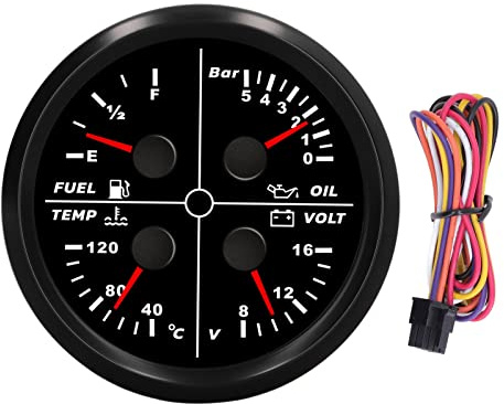 Kit Manometro Multifunzione, 85 Mm 4 in 1 Indicatore Multifunzione Livello Carburante Pressione Olio Temperatura Acqua Misuratore di Tensione Tipo di Puntatore per RV Yacht Ship