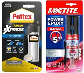 Pattex 100% Pâte à réparer multi-usages, Pâte epoxy bi-composante & Loctite Colle Power Epoxy Rapide 5 Minutes 25 ml, Colle epoxy réajustable, colle forte résistante avec seringue auto-mélangeuse