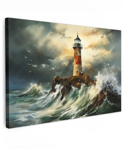 MuchoWow© Leinwände Wall Decoration Bilder Schlafzimmer Deko Pictures | 90x60 cm - Canvas Painting Wanddekoration Wohnzimmer Maritime - Leuchtturm - Wasser - Meer - Felsen - Ölgemälde