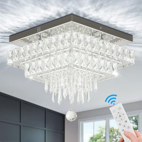 Finktonglan 33 cm Quadratische 2-Stufen Kristall LED Deckenleuchte, Dimmbar | 36W Integrierte LED, 2500K-6500K, Fernbedienung, Helligkeit und Farbtemperatur einstellbar für Wohn- und Schlafzimmer