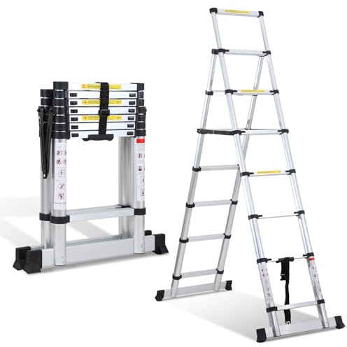 Randaco 2,0 m + 2,3 m aluminium teleskopstege fällbar stege A-ram 6 + 7 steg, utdragbar stege för takreparationer, hopvikt storlek 69 cm, 150 kg lastkapacitet