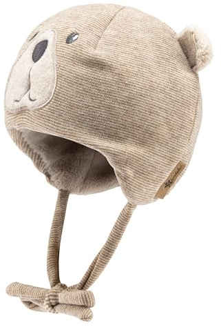 Sterntaler Mütze mit feinem Streifen und Applikation Bär - Jungen Beanie mit Ohrenklappen und Bindeband - warme Babymütze aus Mischgewebe, gefüttert mit Teddyflausch - rost, 47