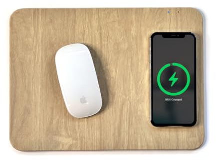 Tech Candy Power Pad Qi Charger Mouse Pad - Charges Wireless Phone, Natural Wood Look, Slim, Built-in LED Light, Slim, Great for Travel, USB Cable Included, Vegan Leather, Simple to Use