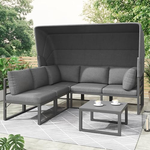 KUAKE Garten Loungesessel Set, Sonneninsel Sitzgruppe mit Markise und SitzKissen, Lounge Möbel Outdoor 4er Set, Terassenmöbel Außen mit Couchtisch, Gartenmöbel Set, für Garten und Terrasse, Grau