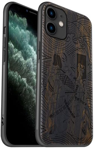 Carveit Coque Compatible avec iPhone 11 Étui en Bois Rigide Antichoc avec Cadre en TPU Case pour Apple 11 Coque Premium de Protection (Bois Sombre-Japon Sleep Samurai)