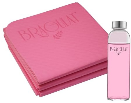 BRAGULAT - Esterilla Yoga Antideslizante 6mm (183cm x 61cm) Plegable con Botella 500ML - Incluye Asa de Transporte y Bolsa con Correa - Esterilla Pilates Antideslizante y Esterilla Fitness (Rosa)