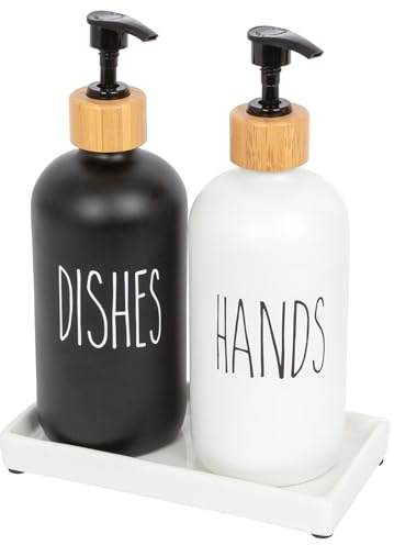 Harbour Housewares 2 Piece Glass Hand and Dish Soap Dispenser Set with Ceramic Tray - 500ml White and Black Refillable Bottles with Pumps - Kitchen and Bathroom Accessories for Sink Organisation