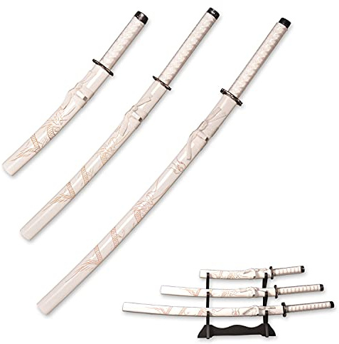 3pc Set japanische Samurai-Schwert mit Display-Ständer, Iaido Katana mit Drachen-Muster auf der Scheide, Kohlenstoffstahl Klinge eingraviert.Samurai-Schwert-Set Für Dekoration und Sammlung