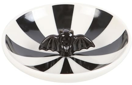 Striped Bat Trinket Dish - Quirky Ceramic Tray for Jewelry, Keys, and Small Items - Cute Halloween Decor or Gift for Bat Lovers - Hand-painted Design in Black and White Stripes