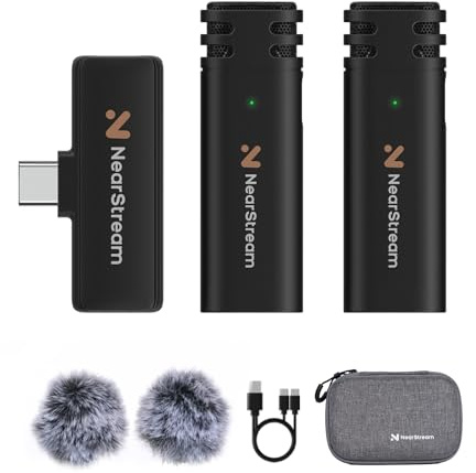 NearStream 2.4GHz Wireless Lavalier Microphone for iPhone/Android/Tablet/PC | Dual Clip-On Mics with Noise Reduction, Up to 33-Ft Range, 6-Hour Runtime, USB-C and Lightning for Interviews and Vlogging
