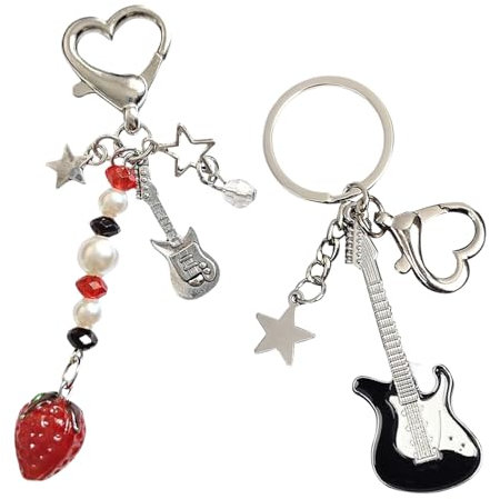 VARKAGE 2 Stück Y2K Ästhetische Erdbeere Schmetterling Zubehör, Bär Gitarre Schlüsselanhänger Niedlicher Schlüsselanhänger für Mädchen Frauen Taschenanhänger Anhänger