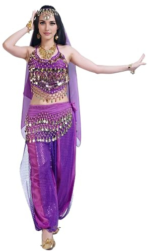 Baisdan Damen Bauchtanz Kostüm Oberteil Haremshose Hüftschal Kopftuch Set Karneval Halloween Professionelles Outfit Lila