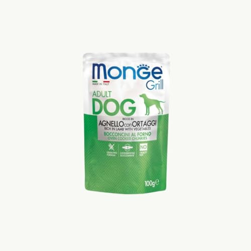 Monge grill Cane, alimento completo per cani adulti, bocconi al forno gusto AGNELLO CON ORTAGGI 100gr | Promo 10 bustine da 100gr + 2 OMAGGIO.
