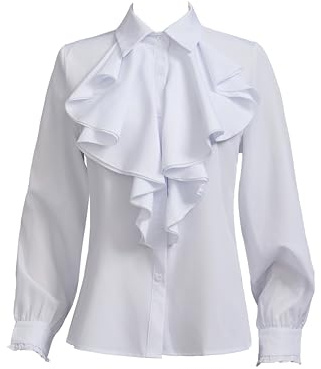 Taiduosheng Femmes Chemisiers Vintage Victoriens Manches Trompette Hauts Col Haut Fripés Ruffle Chemisier Boutonné, Blanc 2, L
