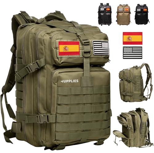 JUPPLIES Mochila Tactica Militar 45L Impermeable Oxford 600D IPX5 con Sistema MOLLE y Cremalleras Reforzadas – Gran Capacidad para Crossfit, Gimnasio, Senderismo, Viajes o Supervivencia (Verde)