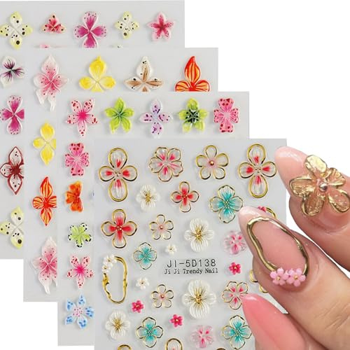 Auiremrti 4 Blätter Nagelaufkleber, Bunte 3D-Blumen-Nagelaufkleber, Kunstdesign-Zubehör, Nail Art, Nageltattoos, Nagel Sticker