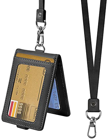 Ausweishülle ID Kartenhalter, PU Leder Ausweishalter mit Schlüsselband, für Umhängeband Karten, Hülle Namensschild, Abzeichenhalter, Arbeitskartenhalter