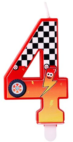 Geburtstagskerze mit Rennsport-Thema, Rot Karierte Zahlenkerze mit Blitz und Autoradmustern für Geburtstagsfeier Babyparty Rennwagen-Mottoparty Dekoration(Nummer 4)