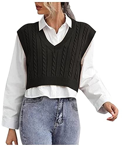 HUIFUAO – Pull Court pour Femme, Grande Taille, col en V, sans Manches, Gilet épais en Tricot torsadé Chaud, débardeur Basique, Noir, XL