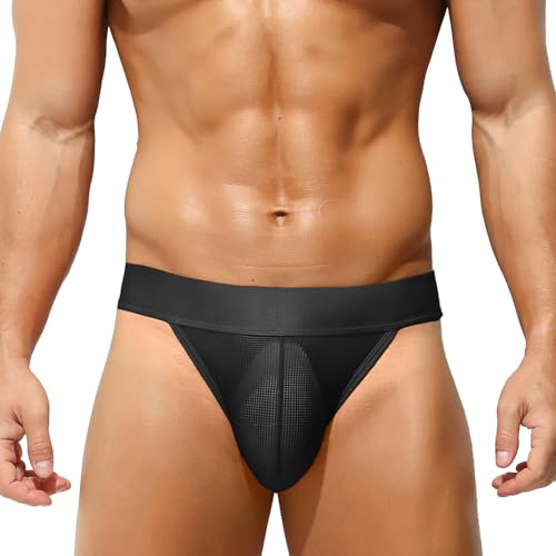 KAREN SPACE Jockstrap Hombre Suspensorios Sexy Tanga Ropa Interior Deportiva con Soporte Atlético Men Thong, Negro, M