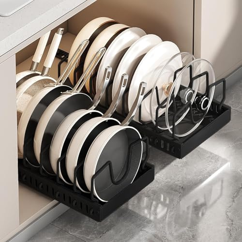 AmoiChic 2 Pack Pull Out Cabinet Organizer for Pots and Pans, Black Storage Rack with 8 Adjustable Dividers, Kitchen Cabinet Organizer for Pot Lids, Bakeware, Dishes Storage