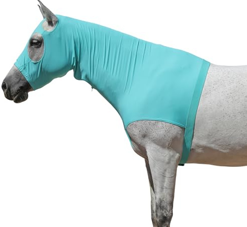 Capucha elástica de caballo con cremallera, cubierta completa para la cara y el cuello para protección contra la picazón dulce, protector de melena y escudo contra moscas, turquesa, verde, grande