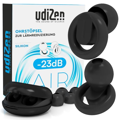 Tapones para los Oídos para Viajar Dormir Estudiar Reducción de Ruido -23dB UdiZen Air - 1 Par Tapones Ergonómicos Reutilizables Ultra Suaves Cancelación de Ruido SNR 23dB Color Negro con Estuche