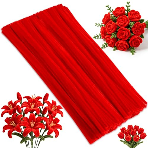 120 Pcs Red Pipe Cleaners Set, Craft Pipe Cleaners, Chenille Stems Pipe Craft Supplies for Mother's Day, Christmas and Halloween, Diy Flowers