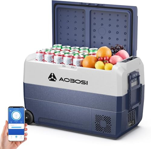 AAOBOSI Frigo Portatile Compressore 50L con APP, -20°C a 20°C, 12V 230V | Con Ruote e Maniglia,Compressione -20°C a 20°C, Controllo da APP, Luce LED Interna, 12V 24V 230V AC, per Auto Camion Camping