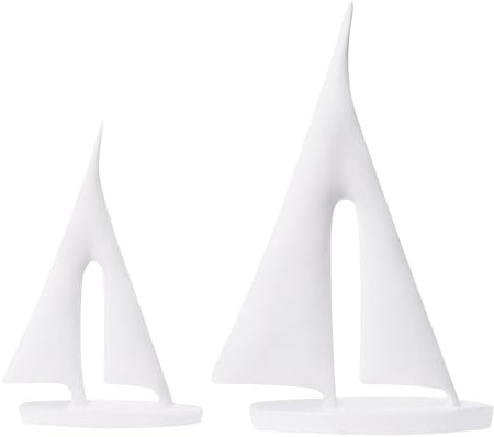 Moderne Skulpturen-Dekoration, 2er-Set Segelboot-Dekoration, Dekoration im maritimen Stil, Kunstskulpturen und Statuen aus Kunstharz, für Wohnzimmer, Bücherregal, Badezimmerregal, Tisch, Büro (Weiß)
