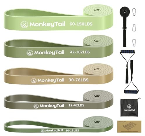 MonkeyTail Widerstandsbandset, 5 Stufen (unterschiedliche Intensitäten), für Heimtraining/Yoga/Krafttraining/Klimmzüge, inkl. verbesserter Türanker+Griffe, tragbarer Tasche, Unisex