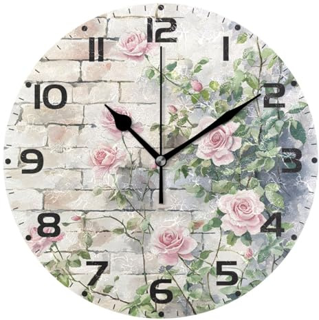 ISAOA Vintage Pink Roses Wall Clock for Children Bedroom,Silent Clock for Boys and Girls Classroom Home Decor,25 CM