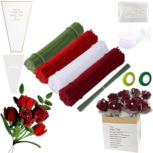 300 Piezas Flores Pipe Cleaner Set, Limpiapipas Flores Manualidades Tallos de Chenilla, Limpia Pipas con Cinta Verde para Flores, Decoración de Rosas para el Día de San Valentín, Rojo