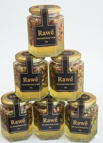 Rawé Raw Pure Acacia Honey with Pistachios, Unpasturised, 280g luxury Jar, 6 Pack,