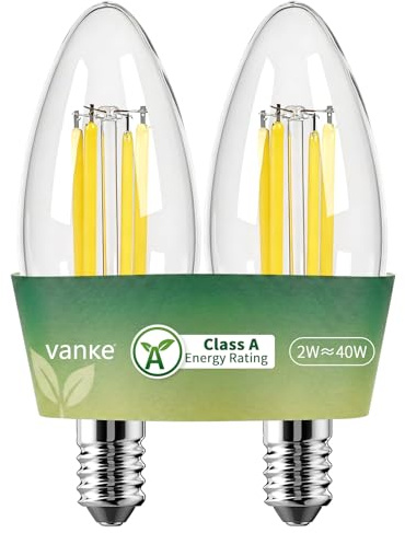 Vanke E14 LED Light Bulb, 2W (40W Equivalent), A Energy Class, Pack of 2 | SES Candle Bulb, Warm White 2700K, 500 Lumen, Small Edison Screw Light Bulbs, 50000H Lifespan, Non-Dimmable