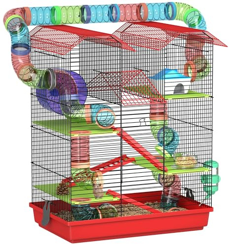 PawHut Jaula para Hámster de 5 Niveles, 47x30x59 cm, Casa para Animales Pequeños con Túnel, Comedero, Bebedero, Casita, Rueda de Ejercicio, Escaleras, para Ratas y Jerbos, Rojo