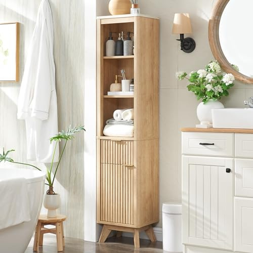 AetherWood Badezimmerschrank Hochschrank Schmal 173 cm, Badschrank Hoch mit Schublade & Verstellbaren Regalen, Fluted Tür & Kunstmarmor-Optik, Badezimmerschrank Freistehend, Natur-Eiche