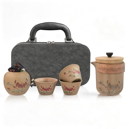 Mulaibdin Chinese Tea Set Travel, Portable Kung Fu Tea Set with Bag, Tea Set for Adults Gift, Lotus Teapot & Cup Set for China, Porcelain Tea Set for Outdoor,Picnic,Business,Home,Tea Ceremony,Camping
