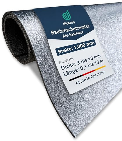 diconfa Bautenschutzmatte Aluminium 1000mm BREIT - 1600mm LANG, 6mm DICK | ALU KASCHIERT Gummimatte - 3 bis 20mm DICK - 0,05 bis 10m LANG - Mehr BREITEN 0,1 bis 1,5m - 100cm x 160cm, 6 mm STARK