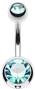 Piersando Bauchnabelpiercing Bauch Banane Piercing Stecker Gebogen Titan mit Doppel Kristall Kugeln Perlen Silber Aqua 1,6mm x 8mm x 4x6mm