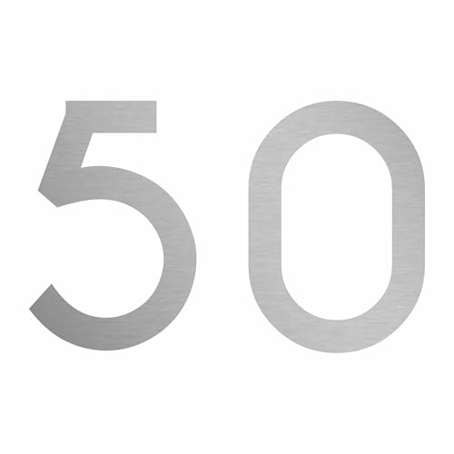 Zahl 50 in silber, 30 cm großer Sticker, wetterfeste Klebezahl | Selbstklebende Klebefolie für Hausnummern an Tür, Tor, Garage, Schaufenster und allen glatten Oberflächen