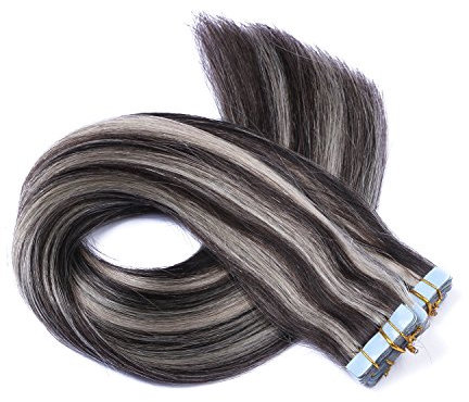 Tape In - On Hair Extensions - # 1B/GREY GESTRÄHNT - 60cm - 20 Tressen je 4cm Breit / 2,5g - 100% Remy Echthaar Haarverlängerung/Extention mit Klebeband Tressen by NOVON Hair Extentions