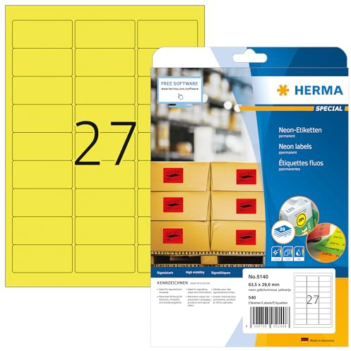 HERMA Etichette per Marcatura, 63,5 x 29,6 mm, Etichette Adesive A4 per Stampante, 27 Etichette per Foglio, Giallo Neon