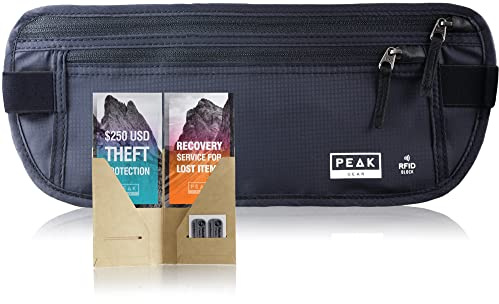 Peak Gear Travel Money Belt. Premium Quality Travel Wallet with RFID Blocking Fabric to Protect Credit Cards, Passports and Documents. Exclusive Theft Protection and 2 Recovery Tags | Black