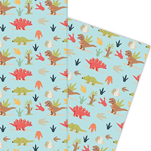 Kartenkaufrausch Dinosaurier Kinder Geschenkpapier Set als edle Geschenk Verpackung, 4 Bögen Musterpapier, Dekorpapier zum basteln 32 x 48cm, auf hellblau