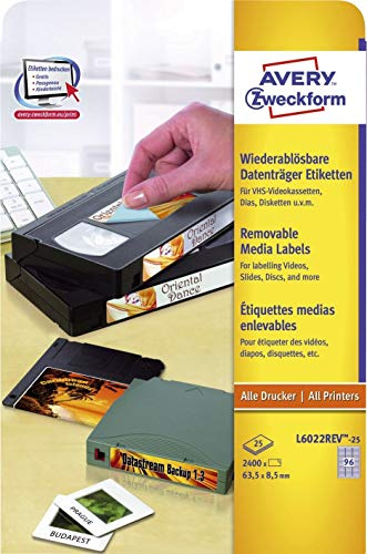 AVERY Zweckform L6022REV-25 Etiketten für Data Cartridges (2.400 Aufkleber, 63,5x8,5 mm auf A4, bedruckbar, selbstklebend, wiederablösbar, für Data Cartridges, HI8 und Travan) 25 Blatt, weiß