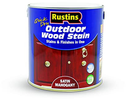 Rustins Quick Dry Outdoor Wood Stain Satin Mahogany 2.5ltr- Durable and Weather-Resistant Finish, Fast Drying, Vibrant Color for Decks, Fences, & Furniture, Available in Many Wood Shades