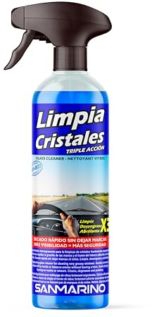 SANMARINO Limpiacristales desengrasante sin marcas acabado brillante secado rápido 500 ML. con pulverizador elimina grasa huellas lavado coche y moto