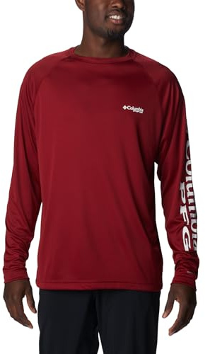 Columbia Men's PFG Terminal Tackle Long Sleeve Fishing Shirt, Beet/White Logo, X-Large Tall