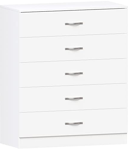 Vida Designs Kommode mit 5 Schubladen | Weiß | 90 H x 75 B x 36 T cm | Platzsparend | Schubladenstütze gegen Durchbiegen | Moderne Metallgriffe | Leichtgängige Schubladenführungen | Schlafzimmermöbel